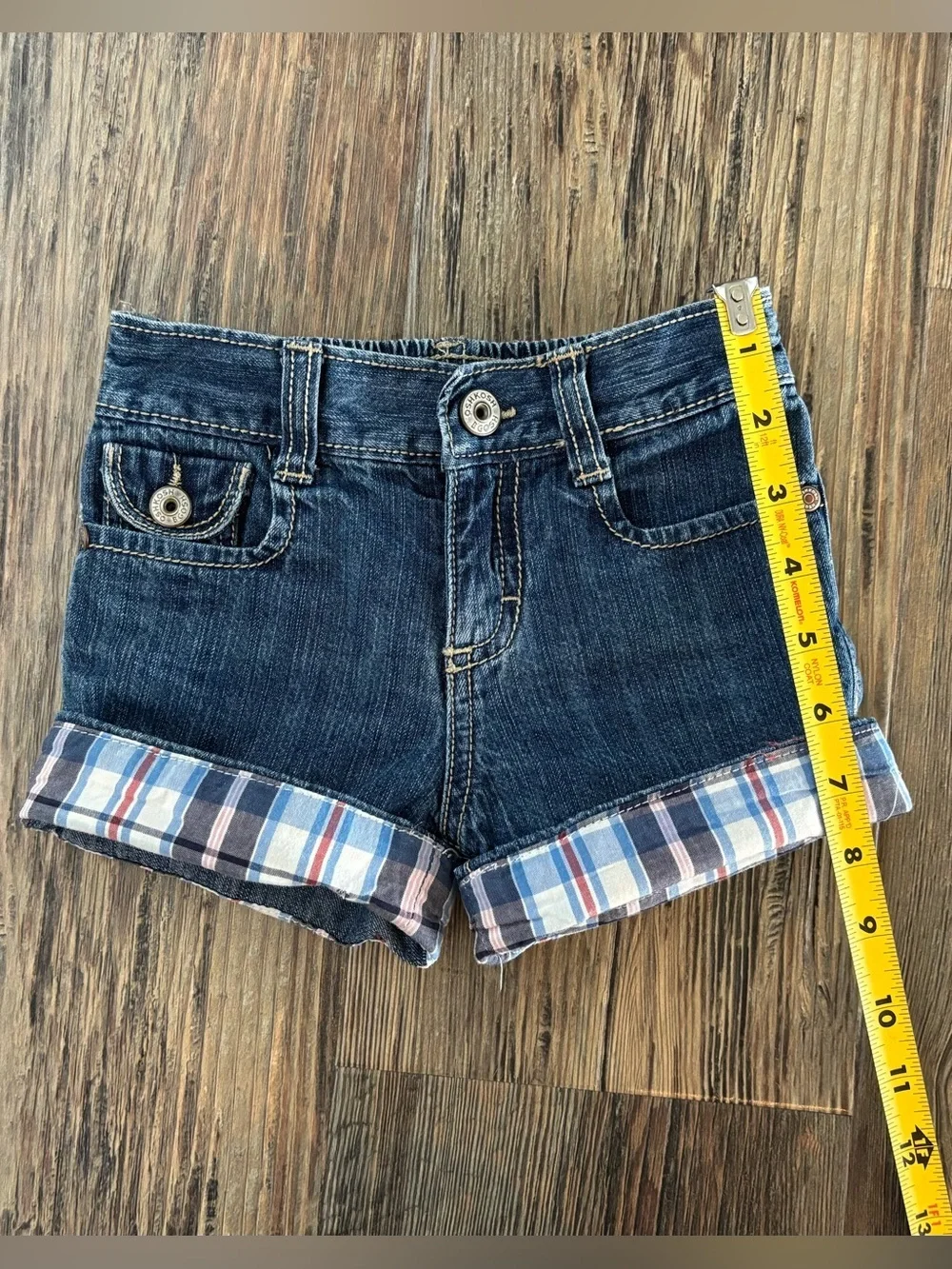 OshKosh B’gosh Denim Shorts Jorts 3T Blue Red White Plaid Cuff Embroidered Logo